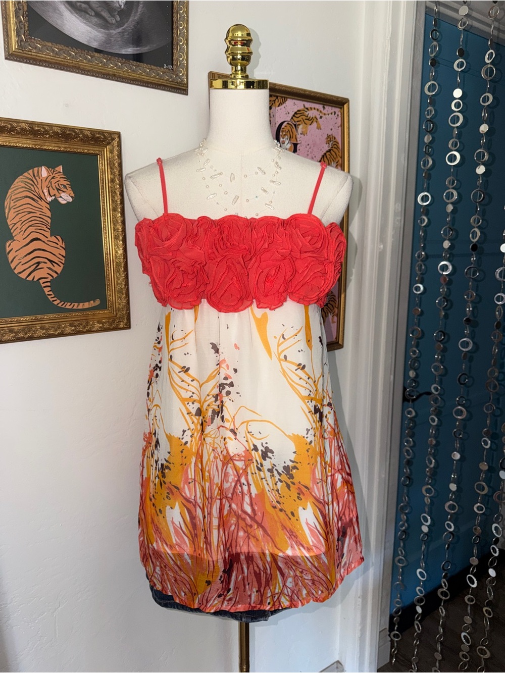 Vintage Y2K Red Floral Rosette Spaghetti Strap Babydoll